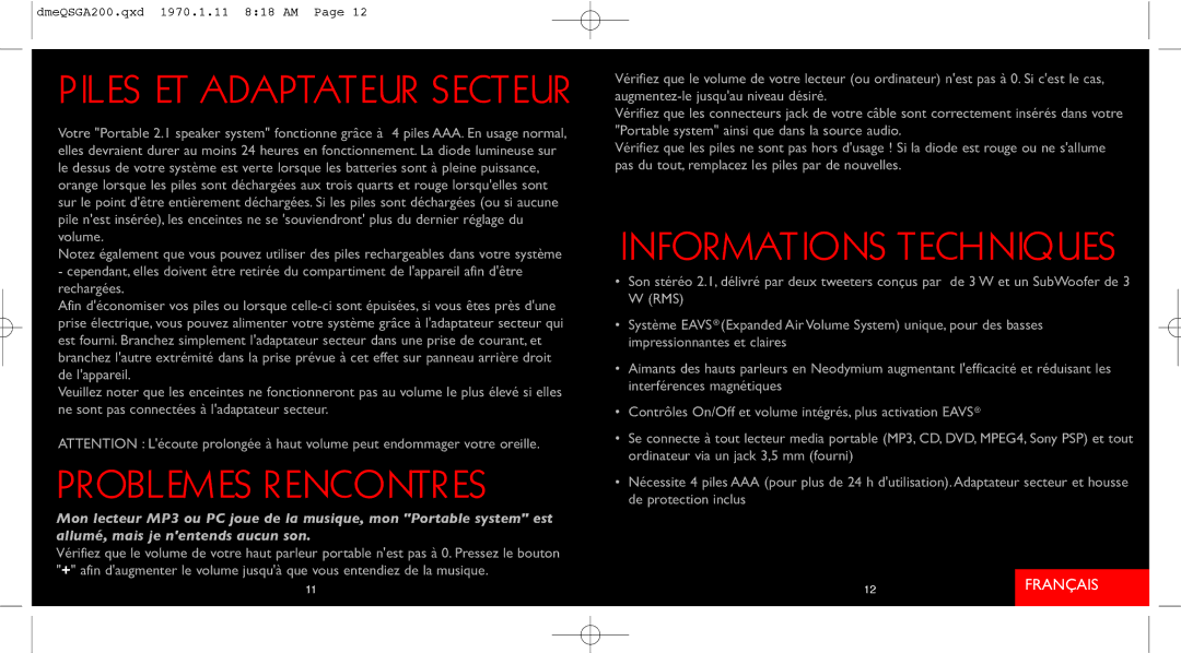 Saitek A-200 quick start Problemes Rencontres, Informations Techniques, Piles ET Adaptateur Secteur 