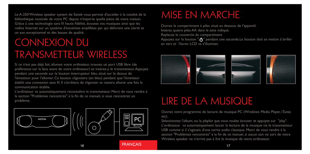 Saitek A-250 quick start Mise En Marche, Lire De La Musique, Connexion Du Transmetteur Wireless, Français 