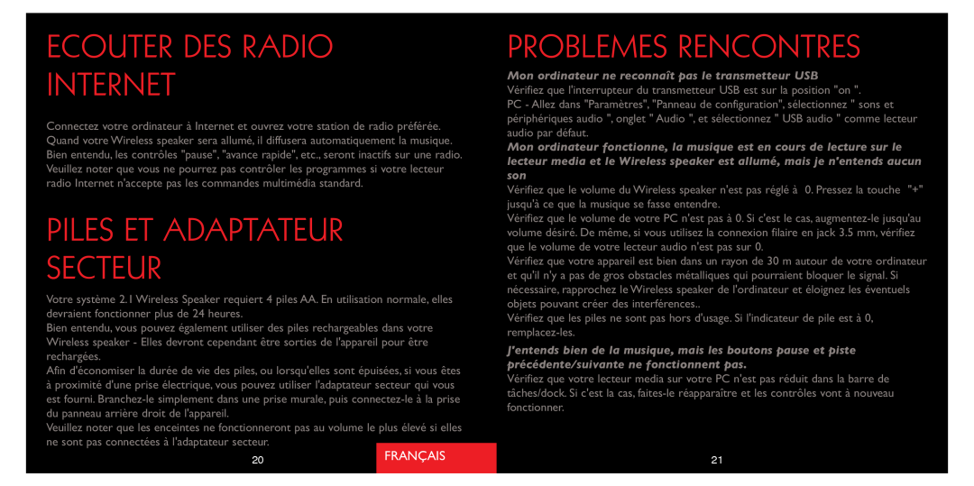 Saitek A-250 quick start Ecouter Des Radio Internet, Piles Et Adaptateur Secteur, Problemes Rencontres, Français 