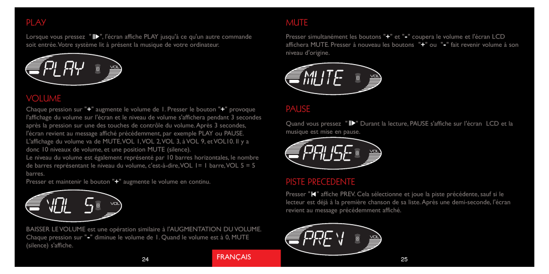 Saitek A-250 quick start Piste Precedente, Play, Volume, Mute, Pause, Français 
