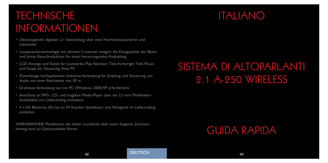 Saitek quick start Technische Informationen, ITALIANO SISTEMA DI ALTOPARLANTI 2.1A-250WIRELESS, Guida Rapida, Deutsch 