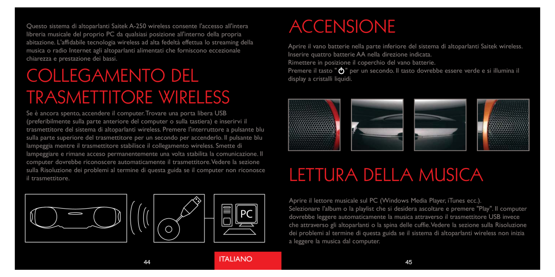Saitek A-250 quick start Accensione, Lettura Della Musica, Collegamento Del Trasmettitore Wireless, Italiano 