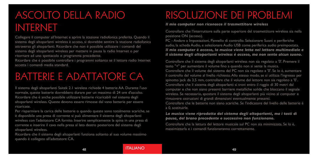 Saitek A-250 quick start Ascolto Della Radio Internet, Batterie E Adattatore Ca, Risoluzione Dei Problemi, Italiano 