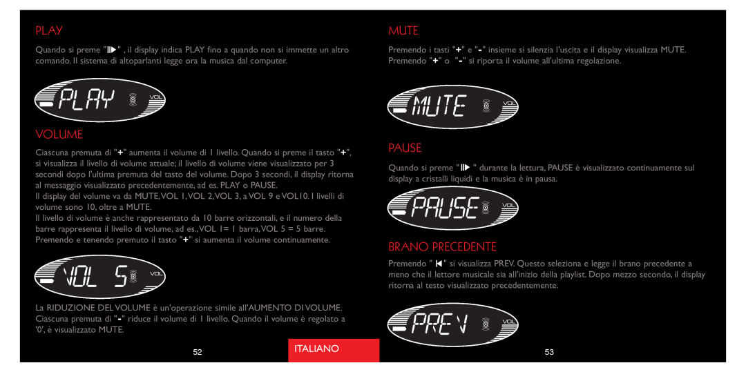 Saitek A-250 quick start Brano Precedente, Play, Volume, Mute, Pause, Italiano 