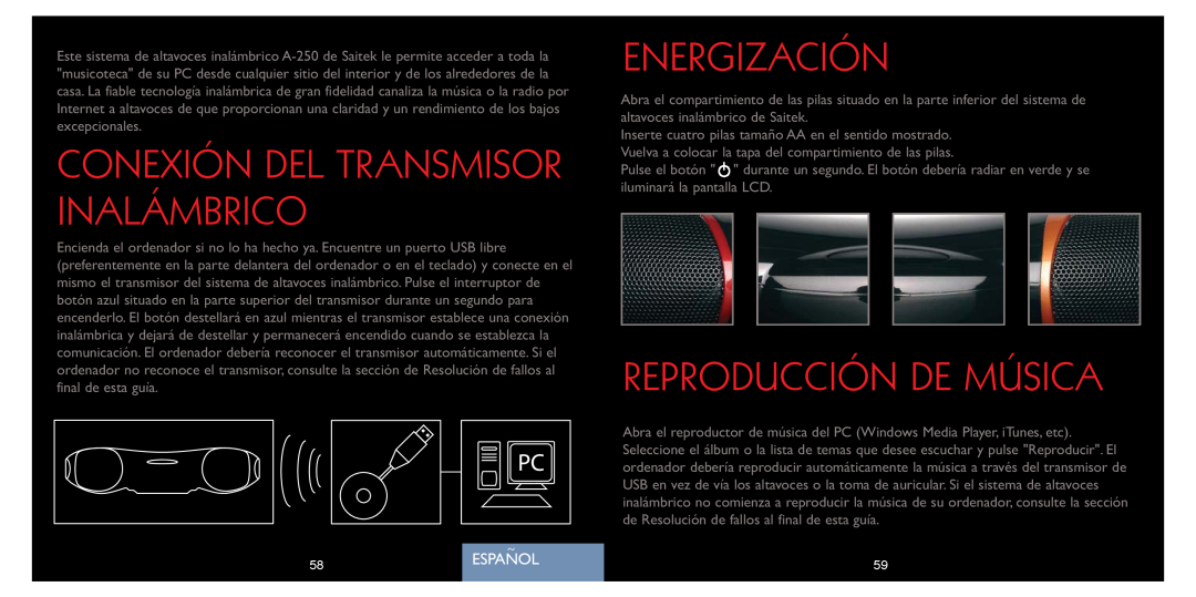Saitek A-250 quick start Energización, Reproducción De Música, Espanol, Conexión Del Transmisor Inalámbrico 