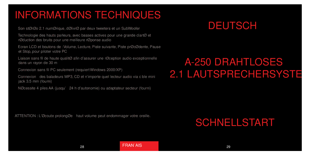 Saitek A-250 quick start Informations Techniques, Deutsch Drahtloses Lautsprechersystem Schnellstart 