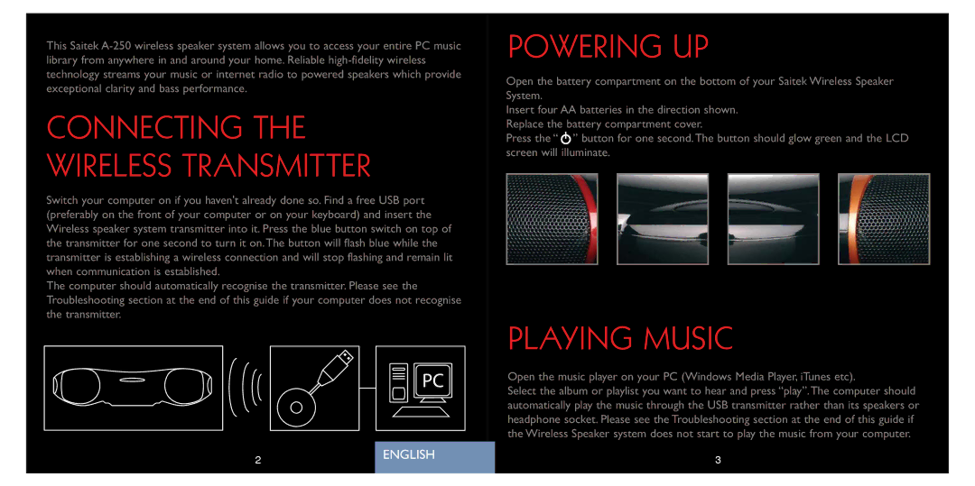 Saitek A-250 quick start Powering UP, Playing Music 