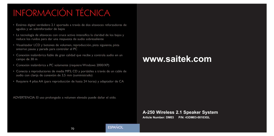 Saitek A-250 quick start Información Técnica 