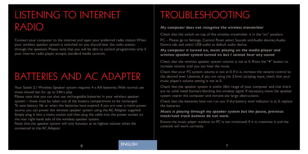 Saitek A-250 quick start Listening to Internet Radio, Batteries and AC Adapter, Troubleshooting 