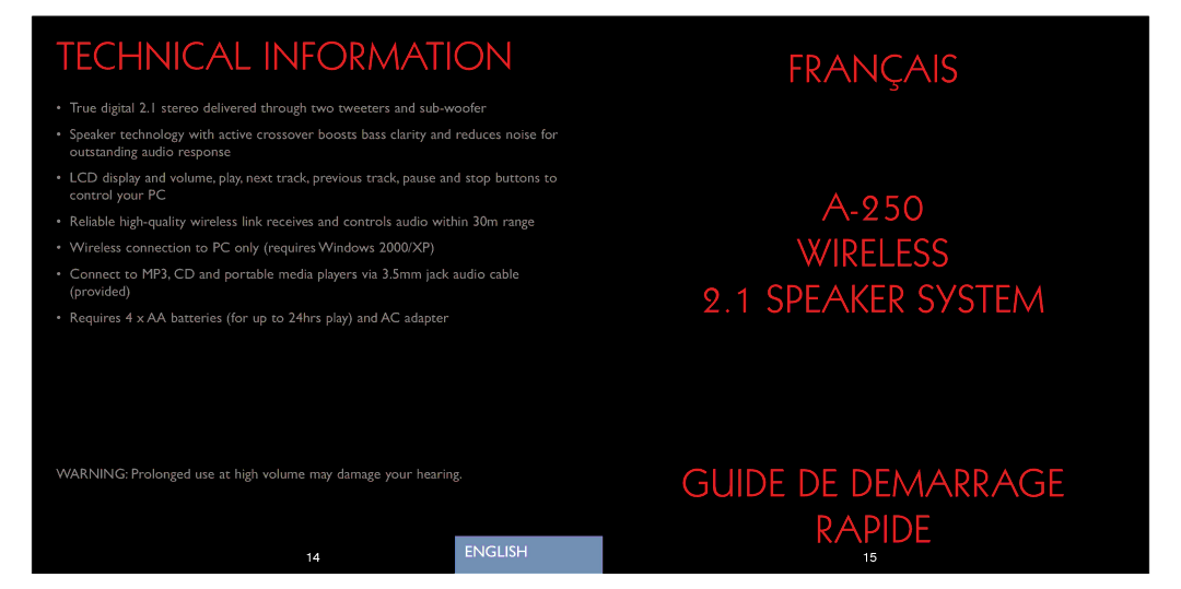 Saitek A-250 quick start Technical Information, Français, Wireless Speaker System Guide DE Demarrage Rapide 