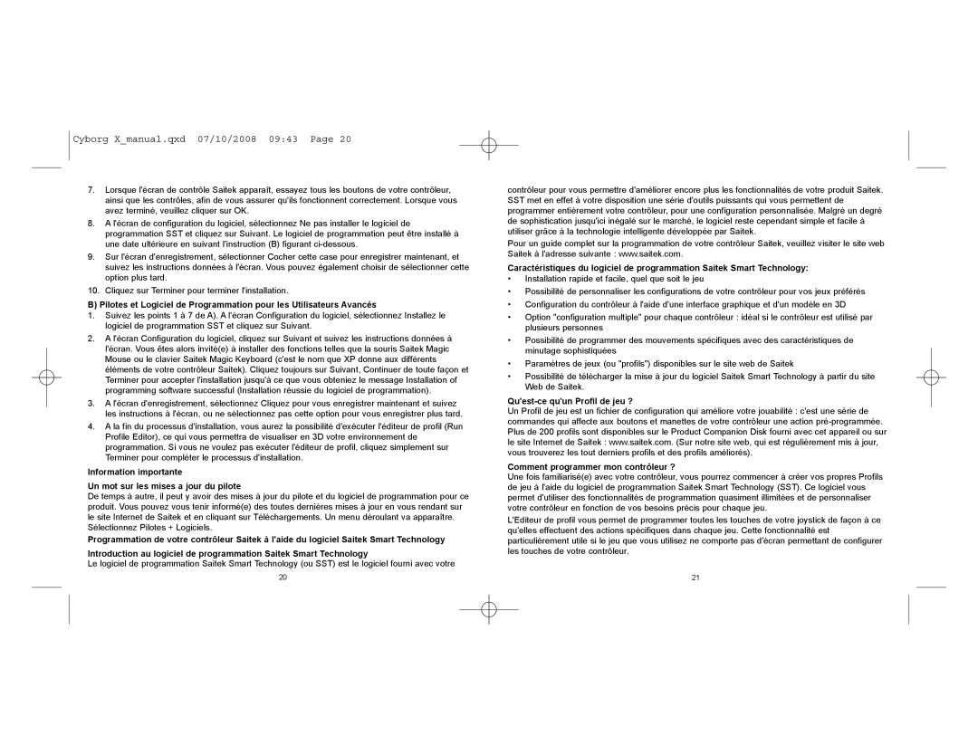 Saitek CCB4330200B2041 user manual Information importante Un mot sur les mises a jour du pilote 