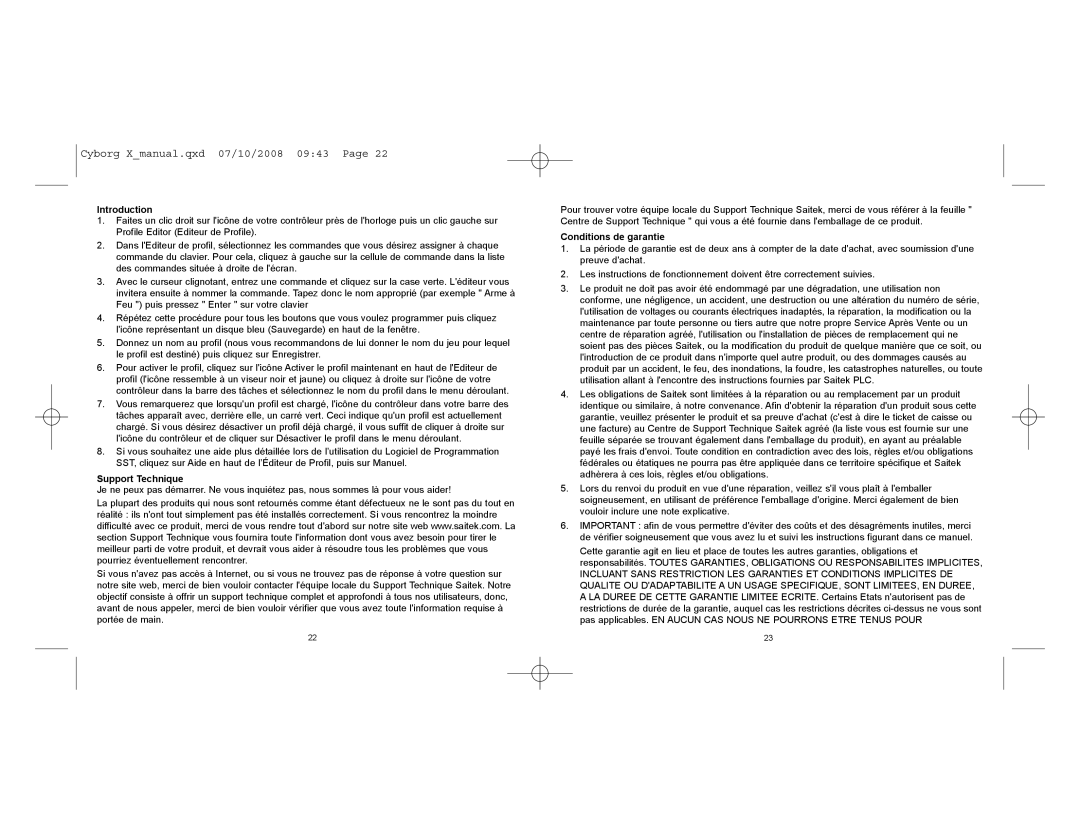 Saitek CCB4330200B2041 user manual Introduction, Support Technique, Conditions de garantie 