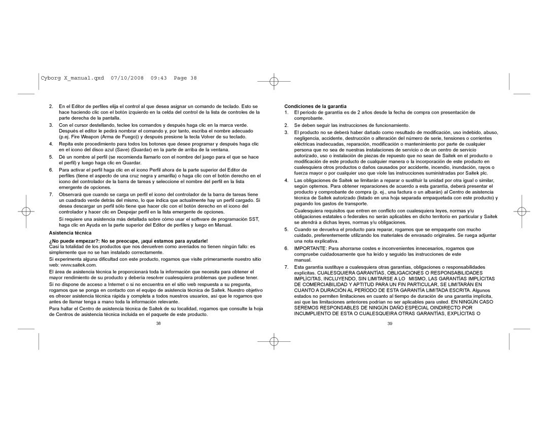 Saitek CCB4330200B2041 user manual Condiciones de la garantía 