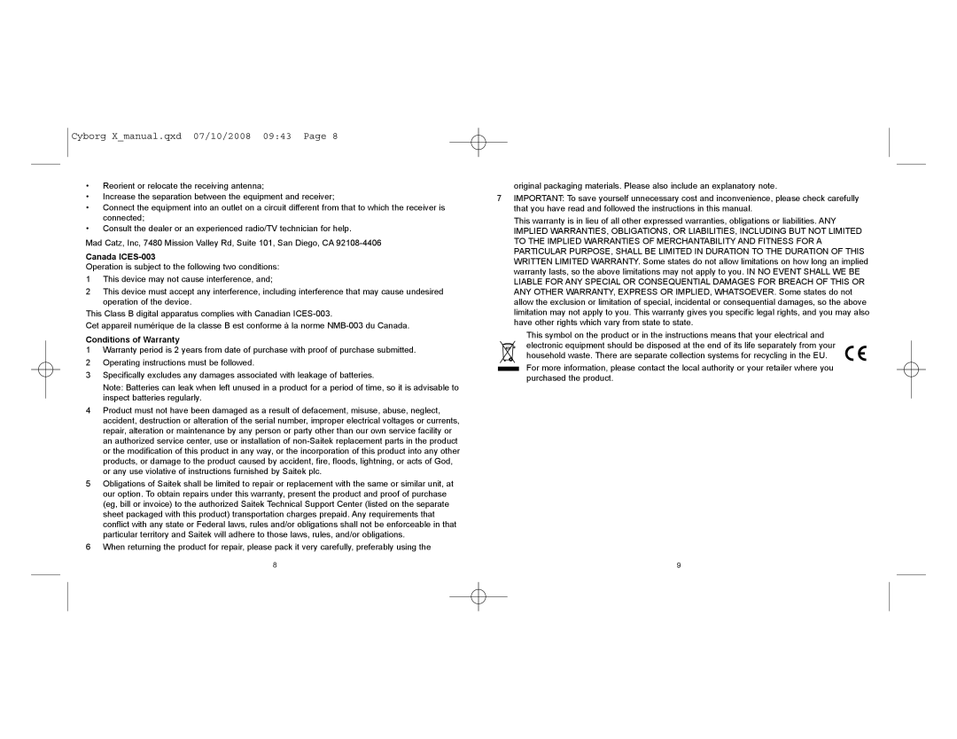 Saitek CCB4330200B2041 user manual Canada ICES-003, Conditions of Warranty 