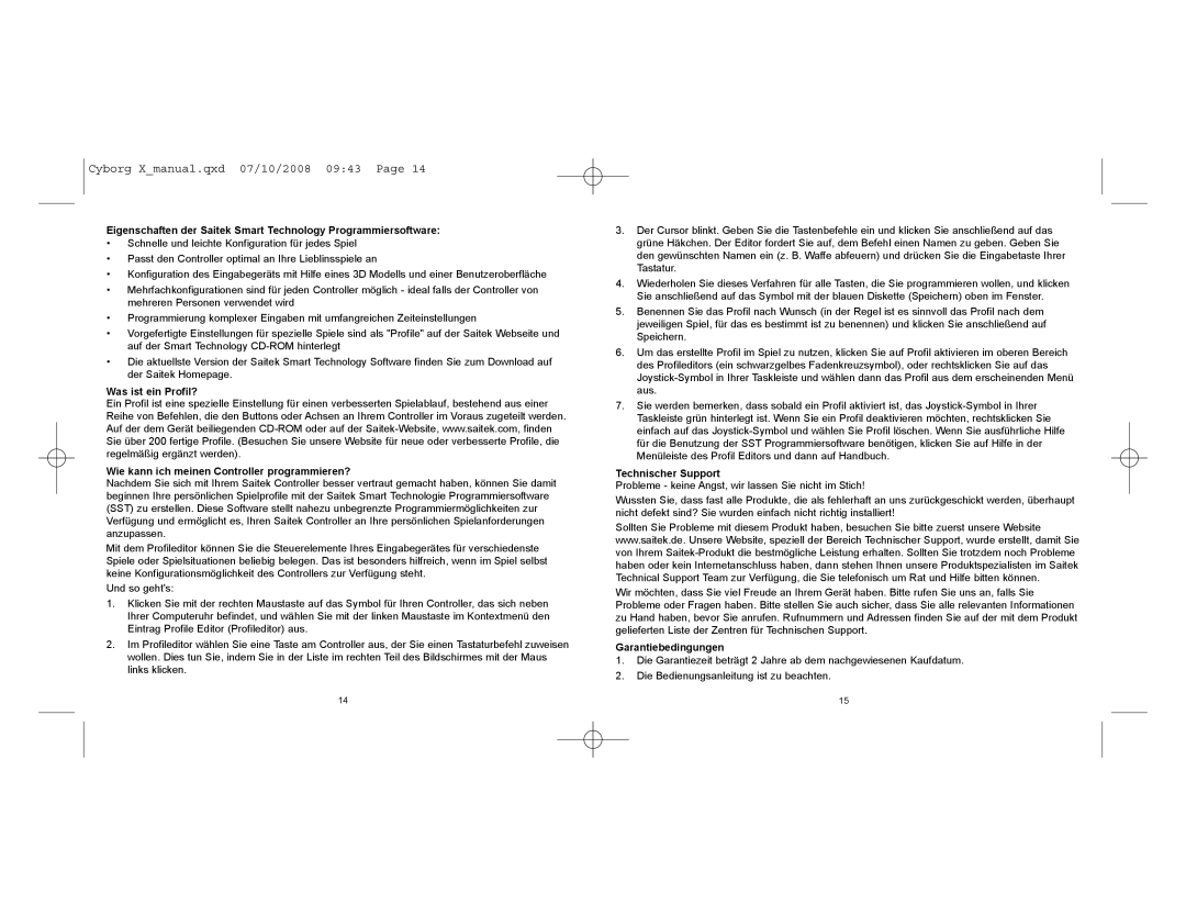 Saitek CCB4330200B2041 user manual Technischer Support, Garantiebedingungen 