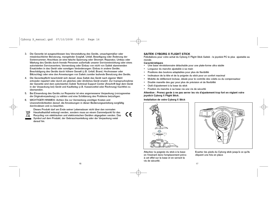 Saitek CCB4330200B2041 user manual Caractéristiques, Installation de votre Cyborg X Stick 