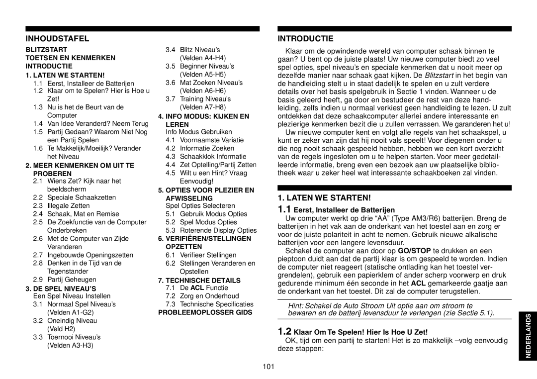 Saitek Chess Explorer manual Inhoudstafel, Introductie, Laten WE Starten, Eerst, Installeer de Batterijen 