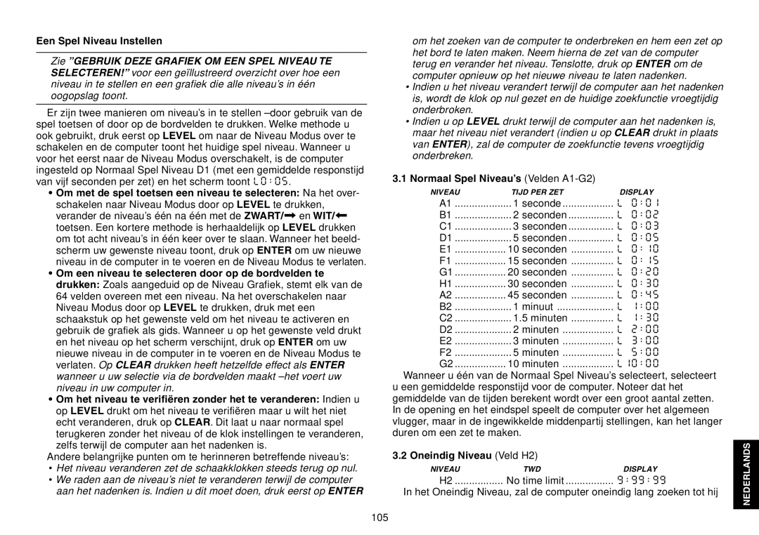 Saitek Chess Explorer manual Een Spel Niveau Instellen, Normaal Spel Niveau’s Velden A1-G2, Oneindig Niveau Veld H2 