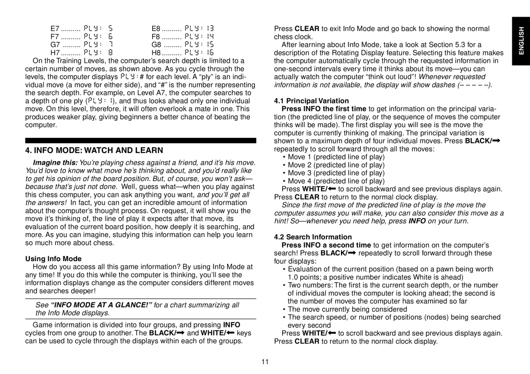 Saitek Chess Explorer manual Info Mode Watch and Learn, Using Info Mode, Principal Variation, Search Information 