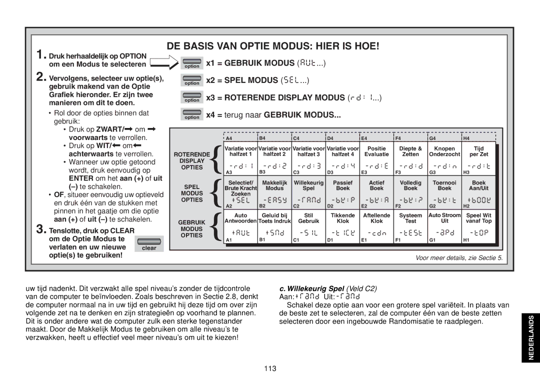 Saitek Chess Explorer manual Willekeurig Spel Veld C2 Aan+RaNd Uit-RaNd 