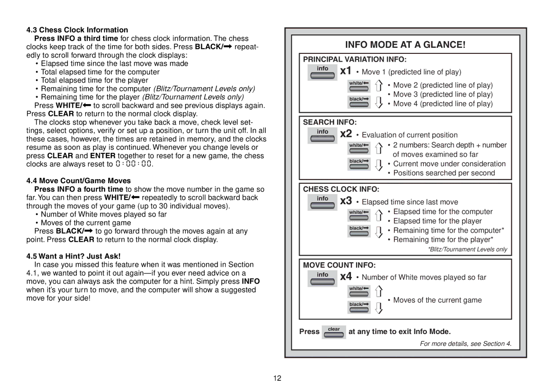 Saitek Chess Explorer manual Info Mode AT a Glance, Moves of the current game, Press, At any time to exit Info Mode 