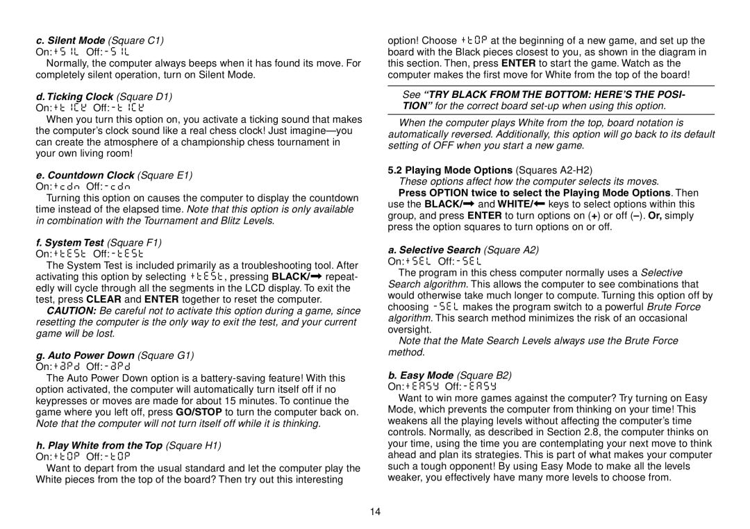 Saitek Chess Explorer manual Silent Mode Square C1 On+SIL Off-SIL, Ticking Clock Square D1 On+tICk Off-tICk 