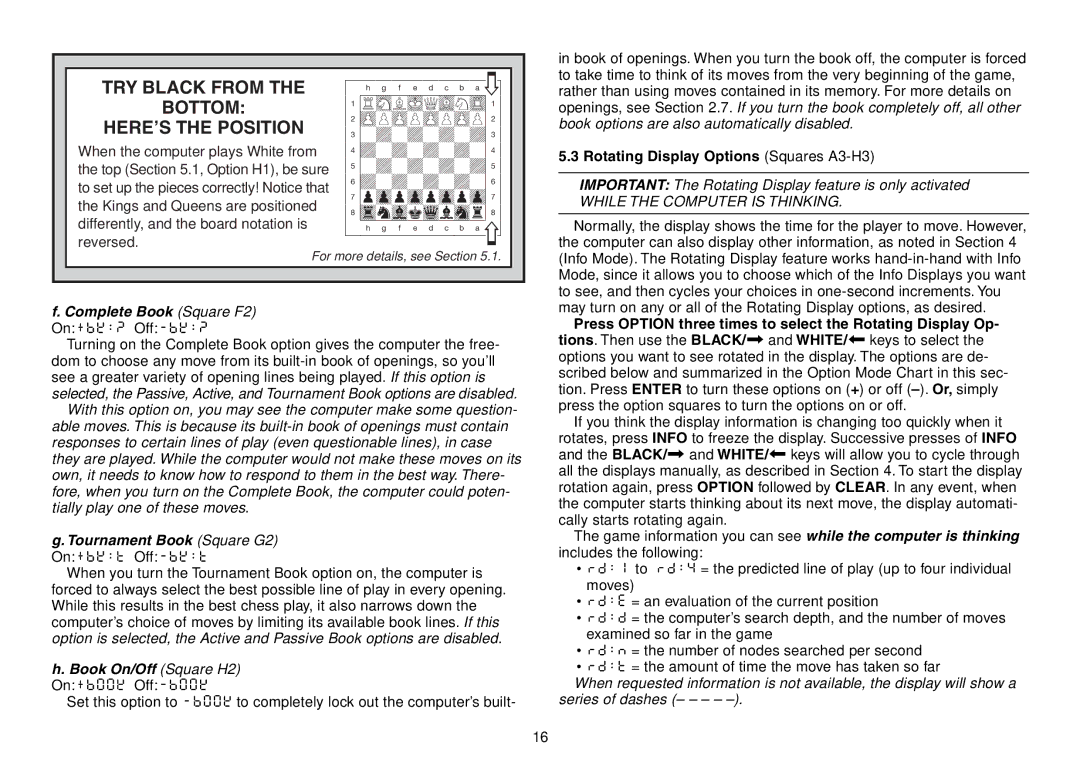 Saitek Chess Explorer manual TRY Black from Bottom HERE’S the Position, Rotating Display Options Squares A3-H3 