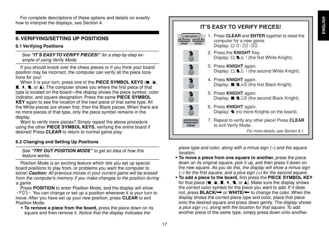 Saitek Chess Explorer IT’S Easy to Verify Pieces, VERIFYING/SETTING UP Positions, Verifying Positions, To exit Verify Mode 