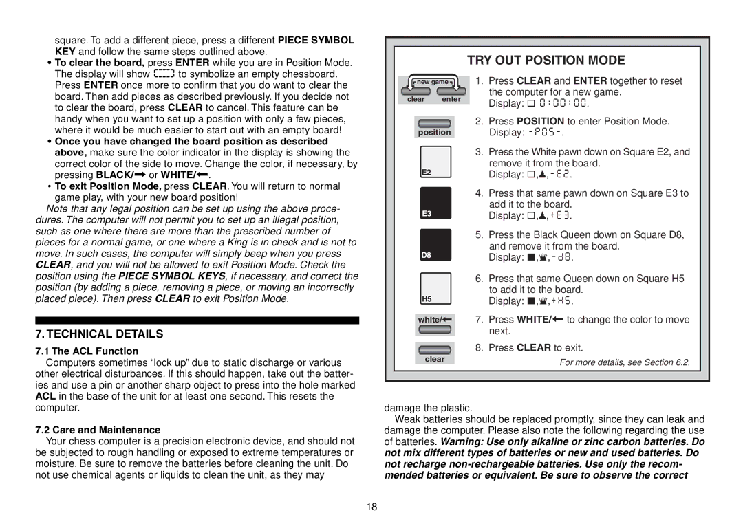 Saitek Chess Explorer manual TRY OUT Position Mode, Technical Details, ACL Function, Care and Maintenance 