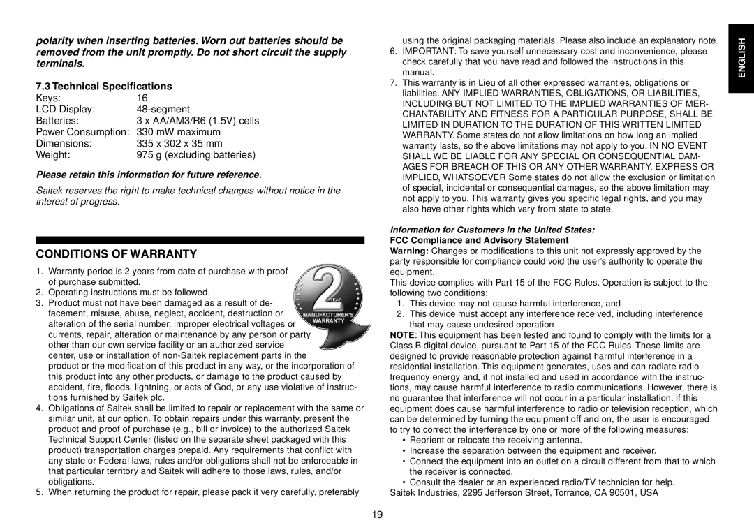 Saitek Chess Explorer manual Conditions of Warranty, Technical Specifications 