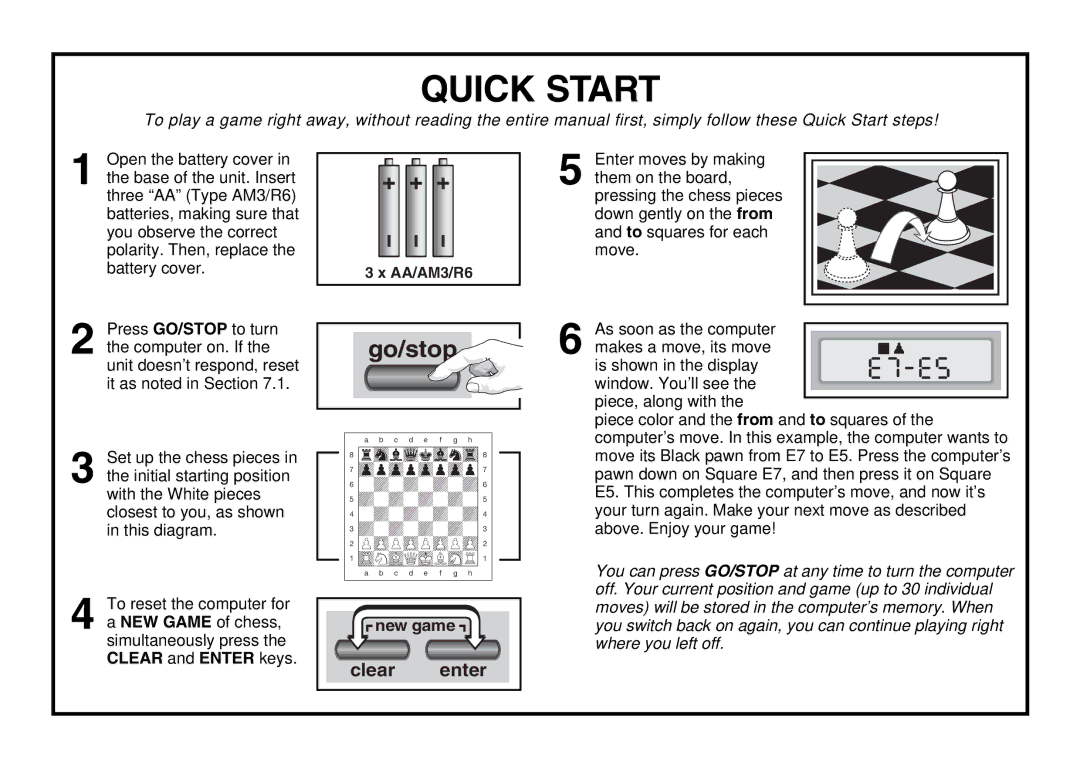 Saitek Chess Explorer manual Quick Start, AA/AM3/R6 