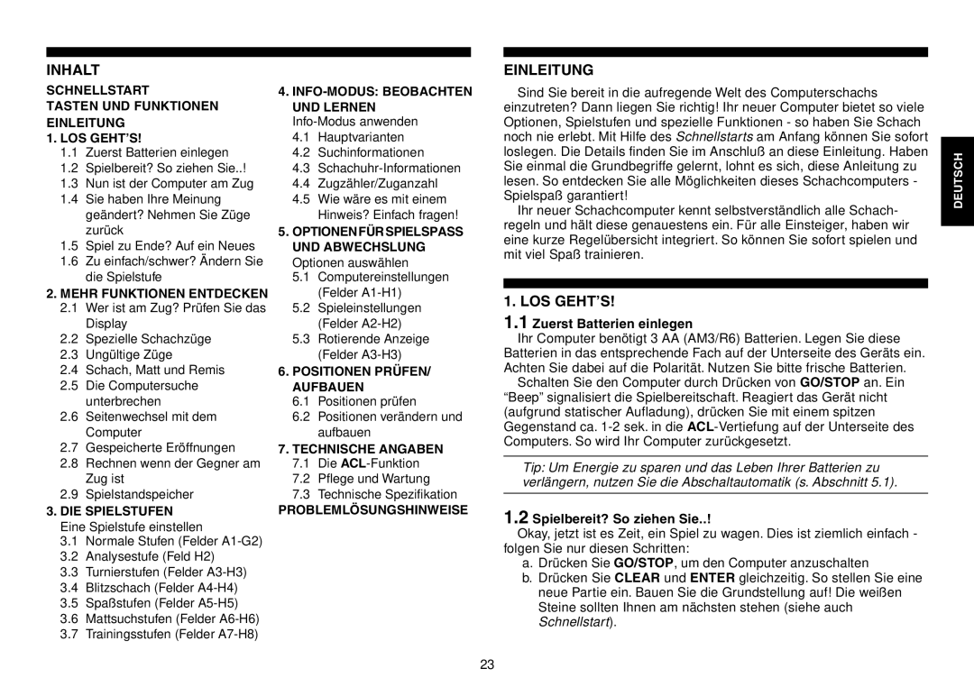 Saitek Chess Explorer manual Inhalt, Einleitung, Los Geht’S, Zuerst Batterien einlegen, Spielbereit? So ziehen Sie 