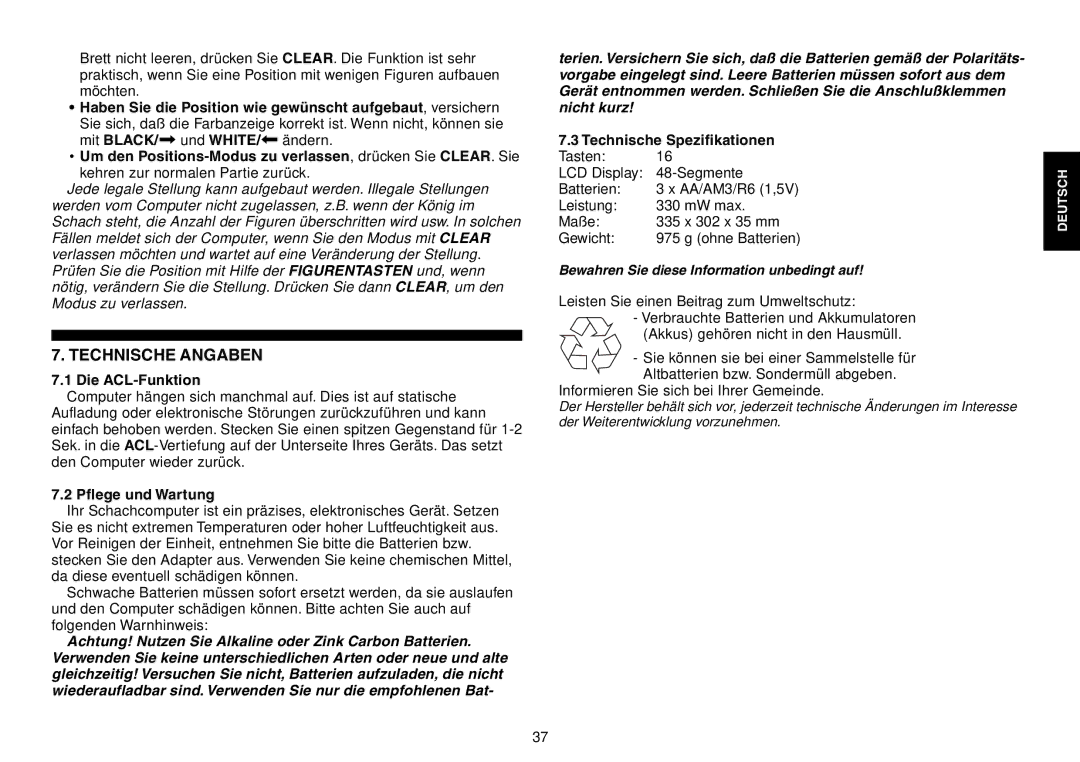 Saitek Chess Explorer manual Technische Angaben, Die ACL-Funktion, Pflege und Wartung, Technische Spezifikationen 