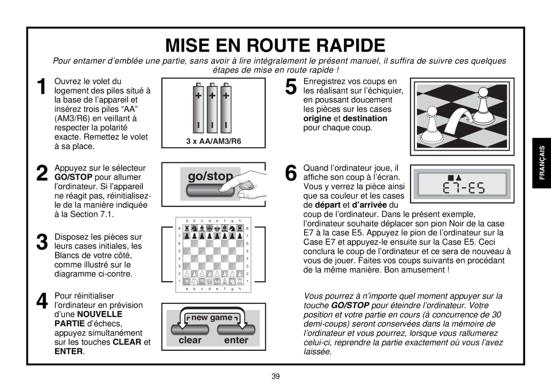 Saitek Chess Explorer manual Mise EN Route Rapide, Enter 