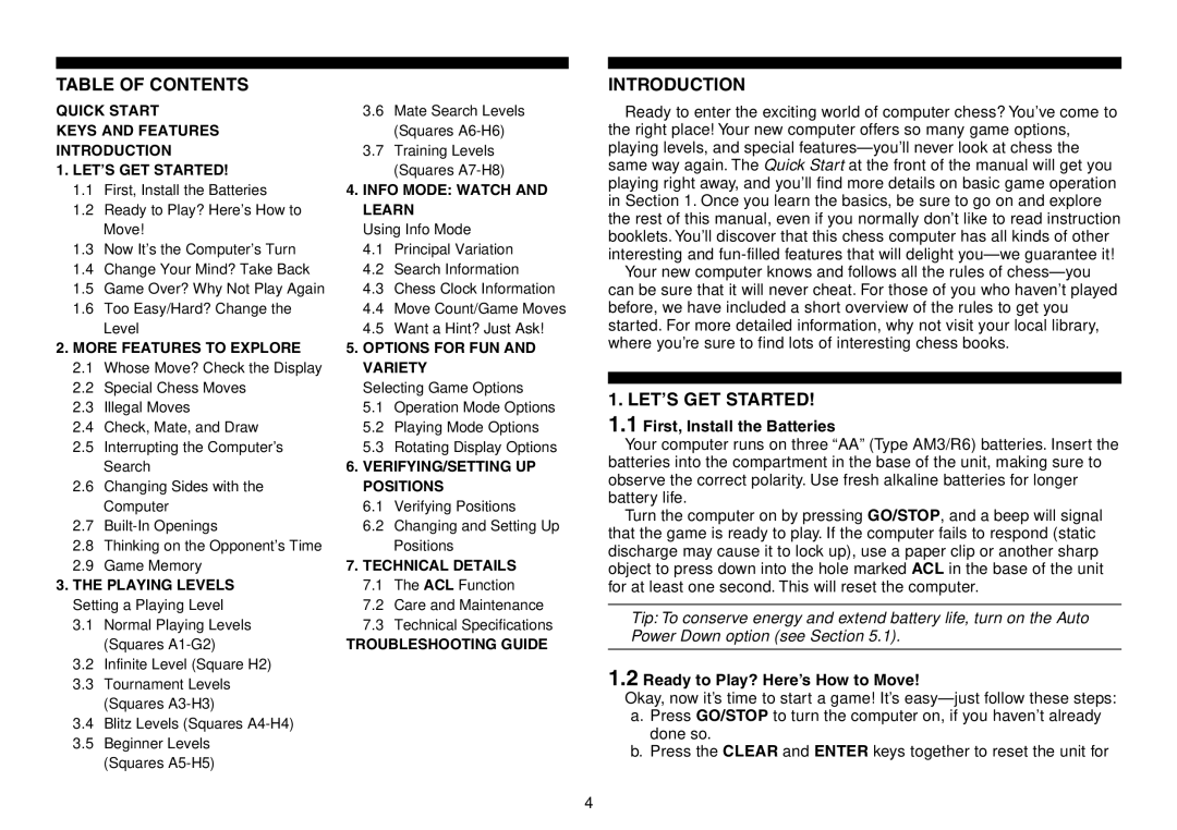 Saitek Chess Explorer manual Table of Contents, Introduction, LET’S GET Started 