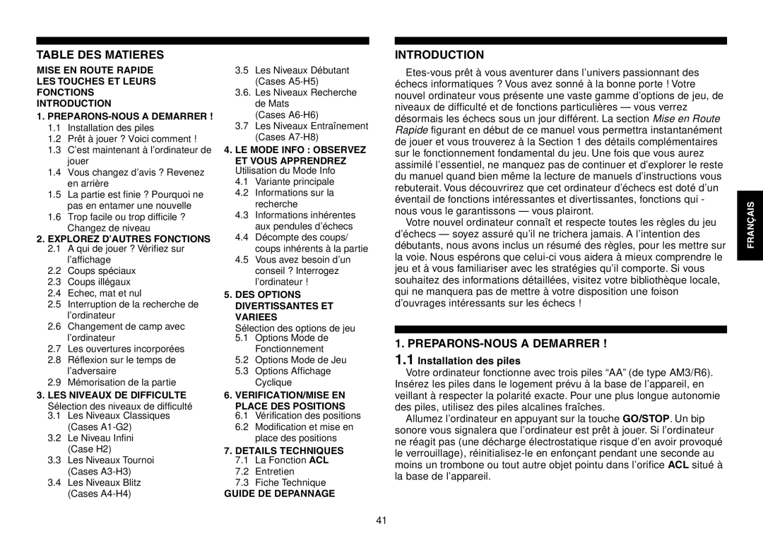 Saitek Chess Explorer manual Table DES Matieres, PREPARONS-NOUS a Demarrer, Installation des piles 