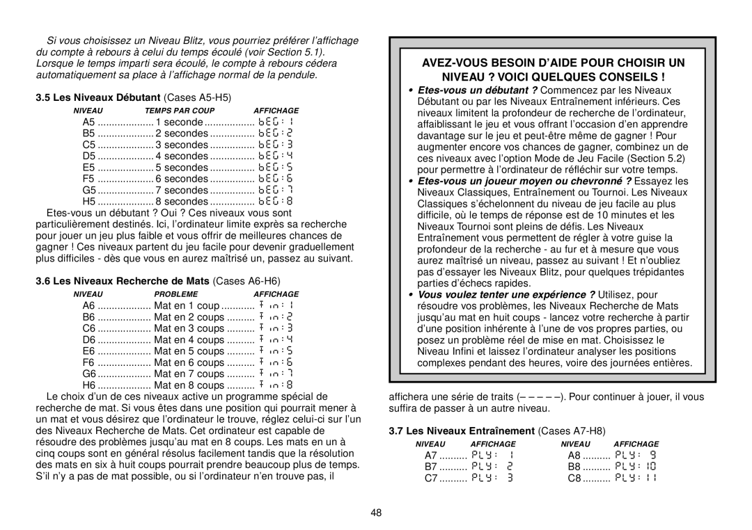 Saitek Chess Explorer manual Les Niveaux Débutant Cases A5-H5, Les Niveaux Recherche de Mats Cases A6-H6 