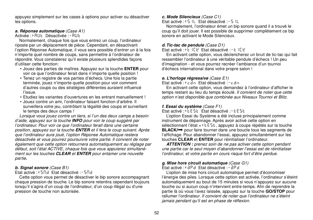 Saitek Chess Explorer manual Réponse automatique Case A1 Activée +AUt Désactivée -AUt, Signal sonore Case B1 