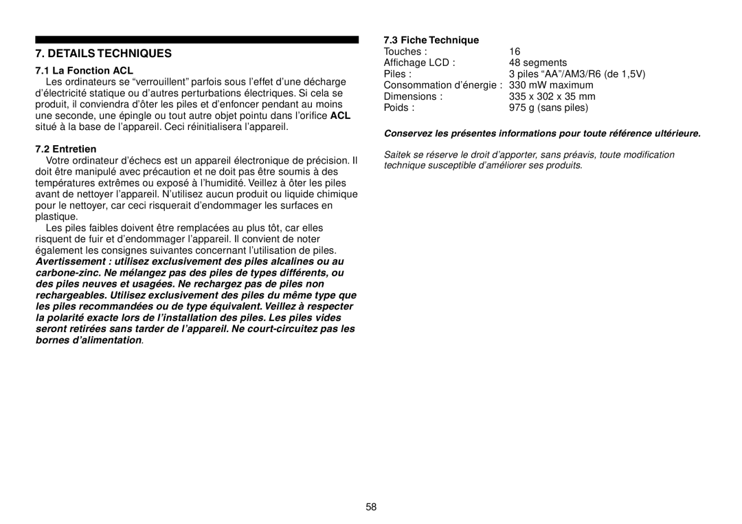 Saitek Chess Explorer manual Details Techniques, La Fonction ACL, Entretien, Fiche Technique 