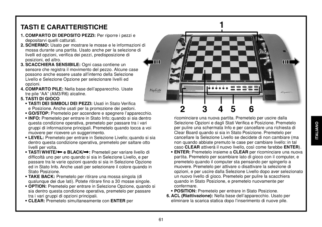 Saitek Chess Explorer manual Tasti E Caratteristiche 