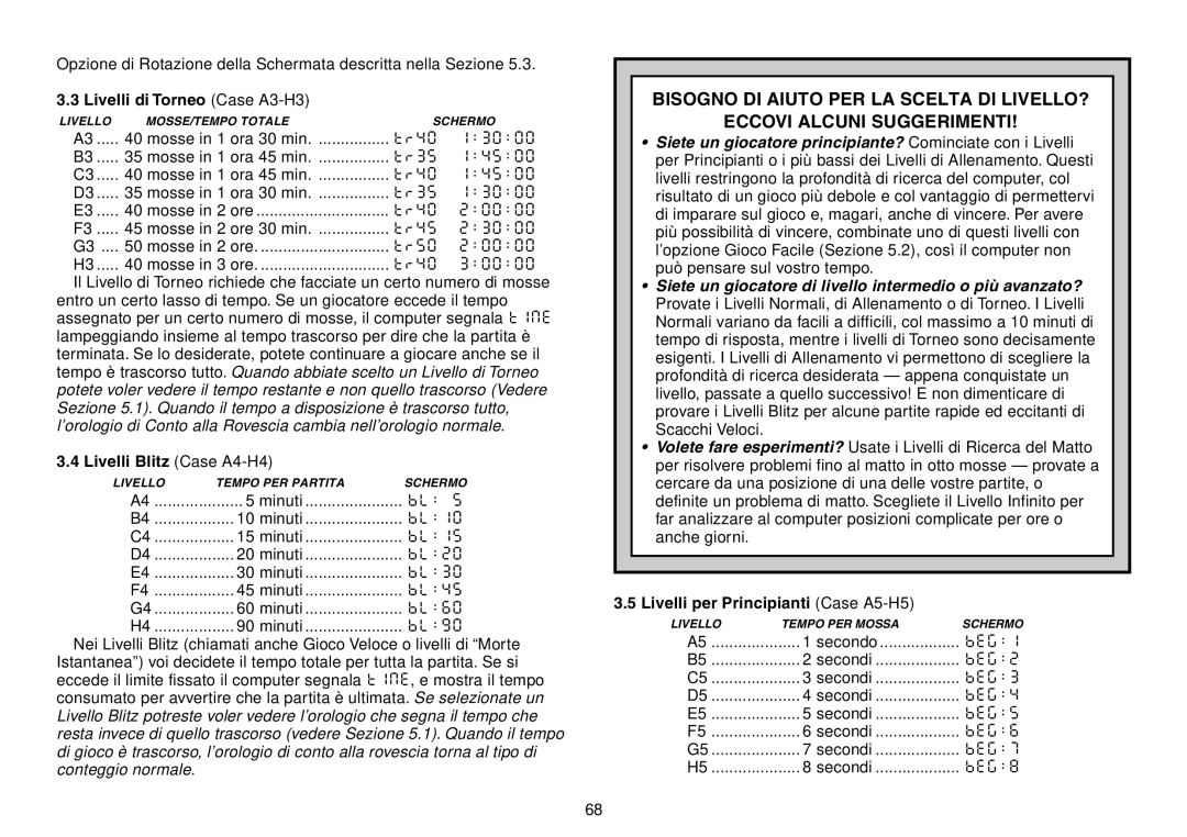 Saitek Chess Explorer manual Livelli di Torneo Case A3-H3, Livelli Blitz Case A4-H4, Livelli per Principianti Case A5-H5 