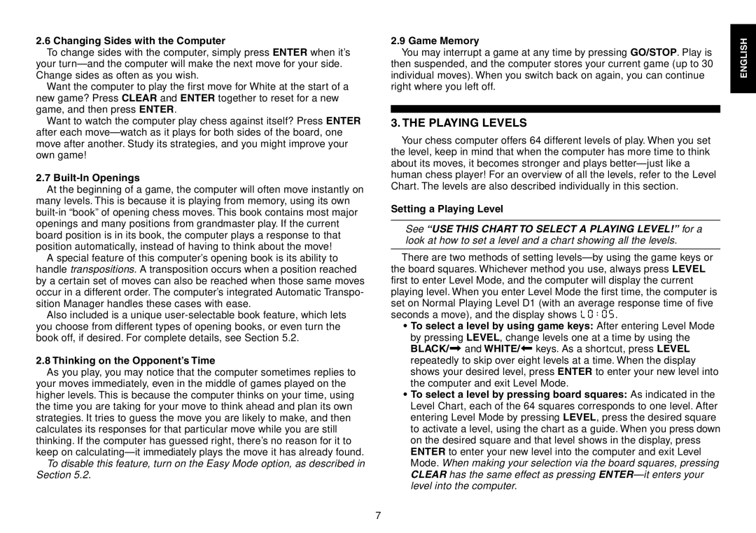 Saitek Chess Explorer manual Playing Levels 