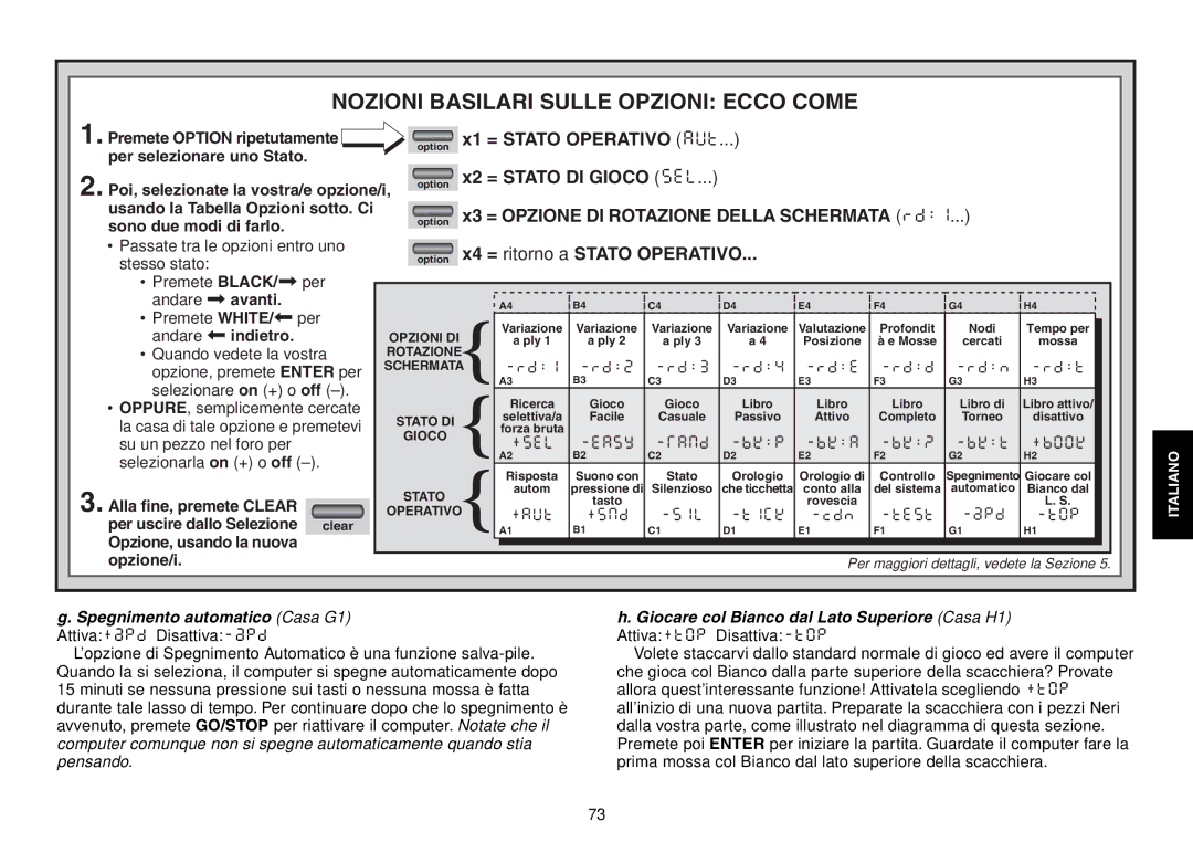 Saitek Chess Explorer manual Spegnimento automatico Casa G1 Attiva+aPd Disattiva-aPd 