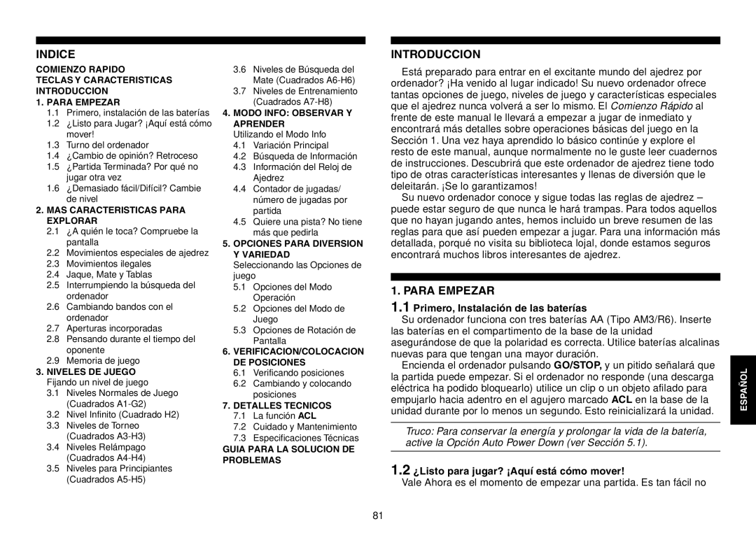 Saitek Chess Explorer manual Introduccion, Para Empezar, Primero, Instalación de las baterías 