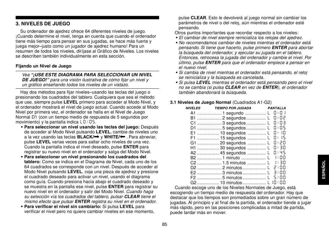 Saitek Chess Explorer manual Niveles DE Juego, Fijando un Nivel de Juego, Niveles de Juego Normal Cuadrados A1-G2 