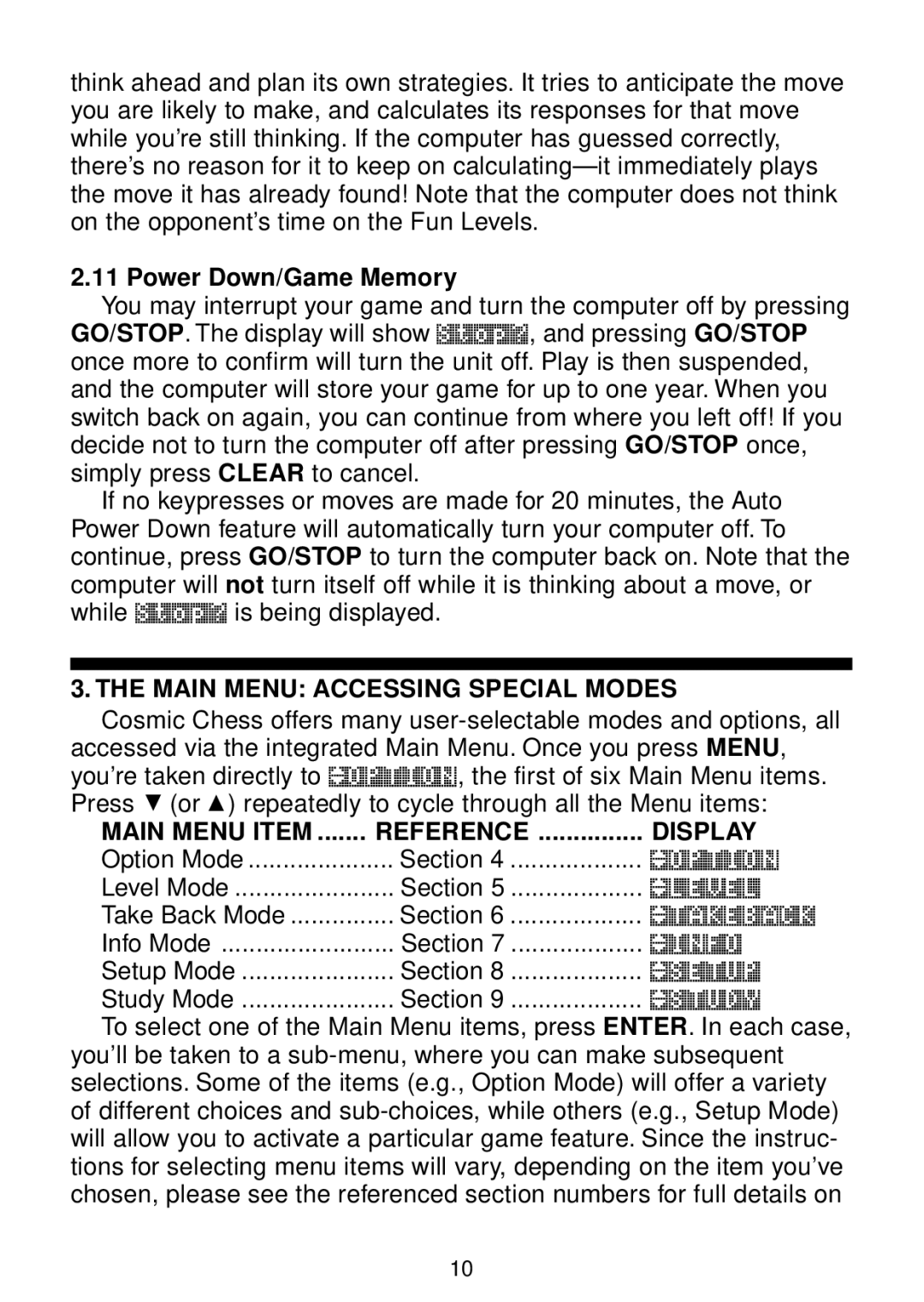 Saitek chess manual Power Down/Game Memory, Main Menu Accessing Special Modes, Main Menu Item Reference Display 