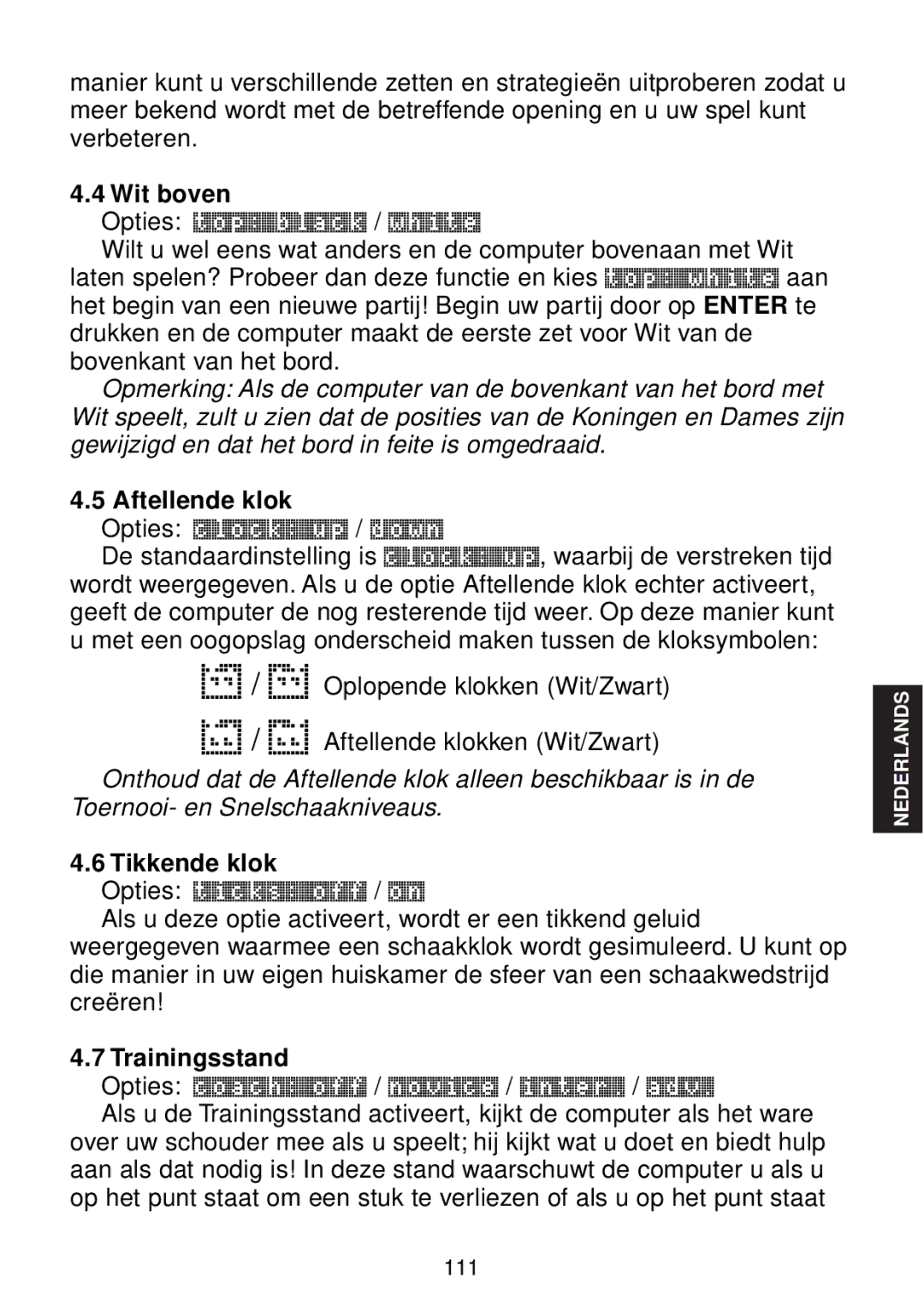 Saitek chess manual Wit boven, Aftellende klok, Tikkende klok, Trainingsstand 