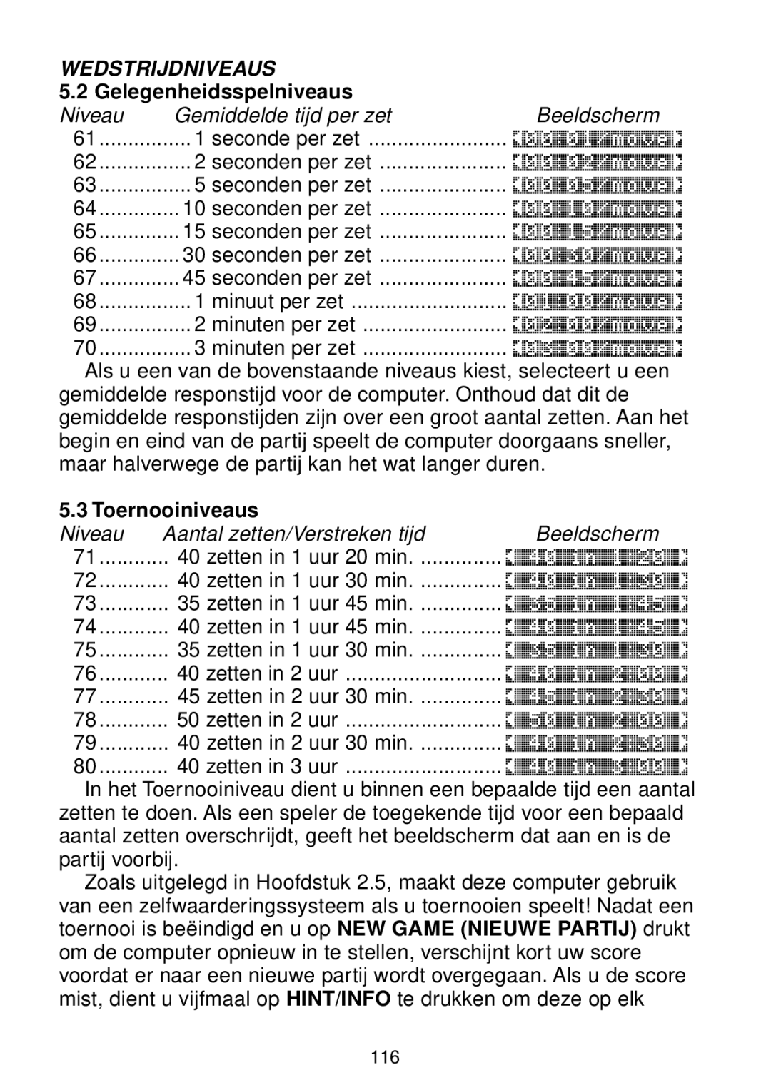 Saitek chess manual Gelegenheidsspelniveaus, Toernooiniveaus 