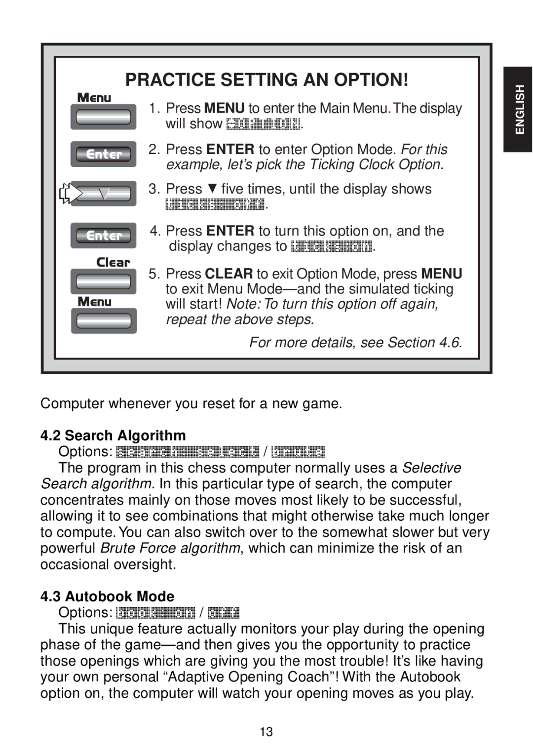 Saitek chess manual Practice Setting AN Option, For more details, see Section, Search Algorithm, Autobook Mode 