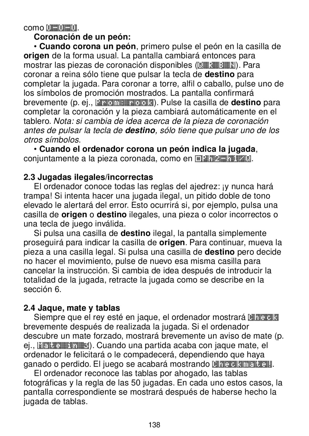 Saitek chess manual Coronación de un peón, Jugadas ilegales/incorrectas, Jaque, mate y tablas 